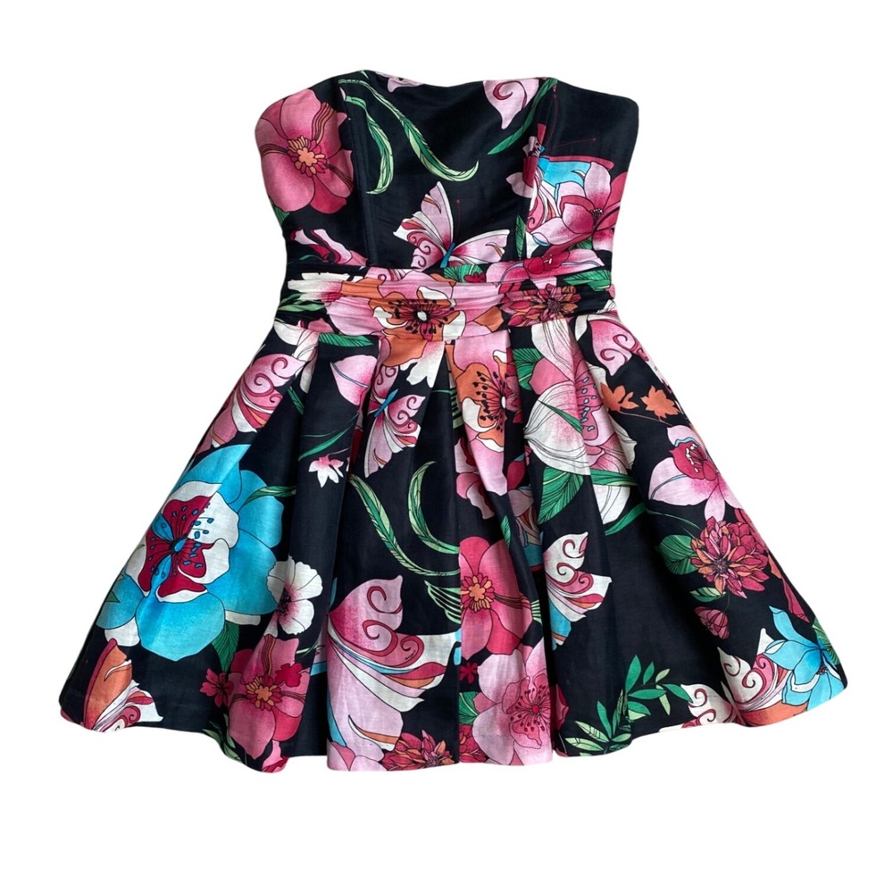 Y2K BEBE Linen Silk Floral Strapless Mini Dress Size XS Black‎ Party Cocktail - Picture 4 of 10